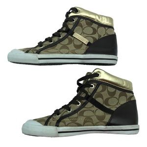 Coach High Top Freesia Gold Tone Metallic Monogram Sneakers Size 7 Logo